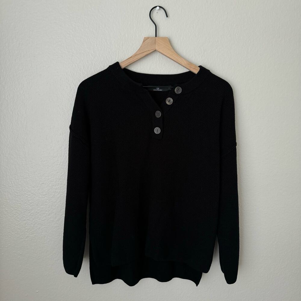 Lillusory Womens Black Waffle Knit Sweater Button Crewneck Longsleeve Size Small